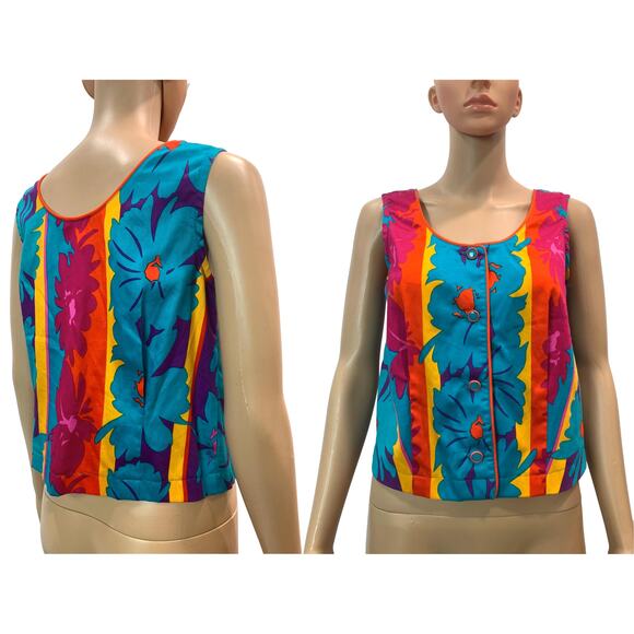 Vintage 80s Bright Floral Crop Top – Button Front Sleeveless Hawaiian Shirt - Picture 2 of 7